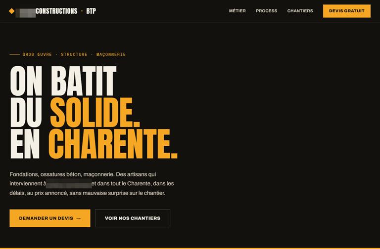 Site web d'une entreprise de construction, identité masquée