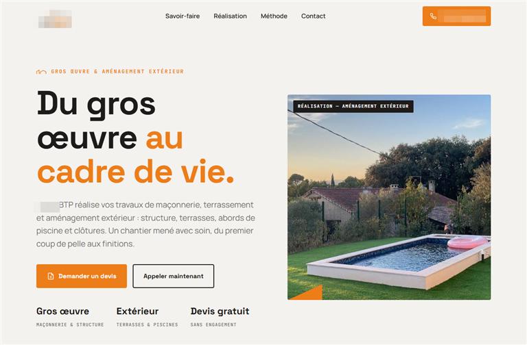 Site web d'une entreprise générale du bâtiment, identité masquée