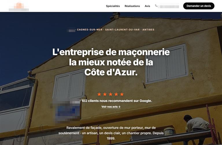 Site web d'une entreprise de maçonnerie, identité masquée
