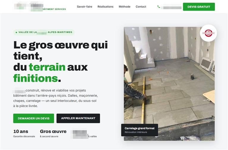Site web d'une entreprise de bâtiment et services, identité masquée